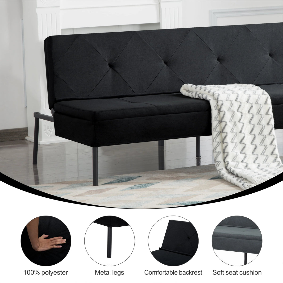 BSHTI 63Futon Sofa Bed,Upholstered with Polyester Fabric Convertible Sofa Couch for Living Room,Office(Black)