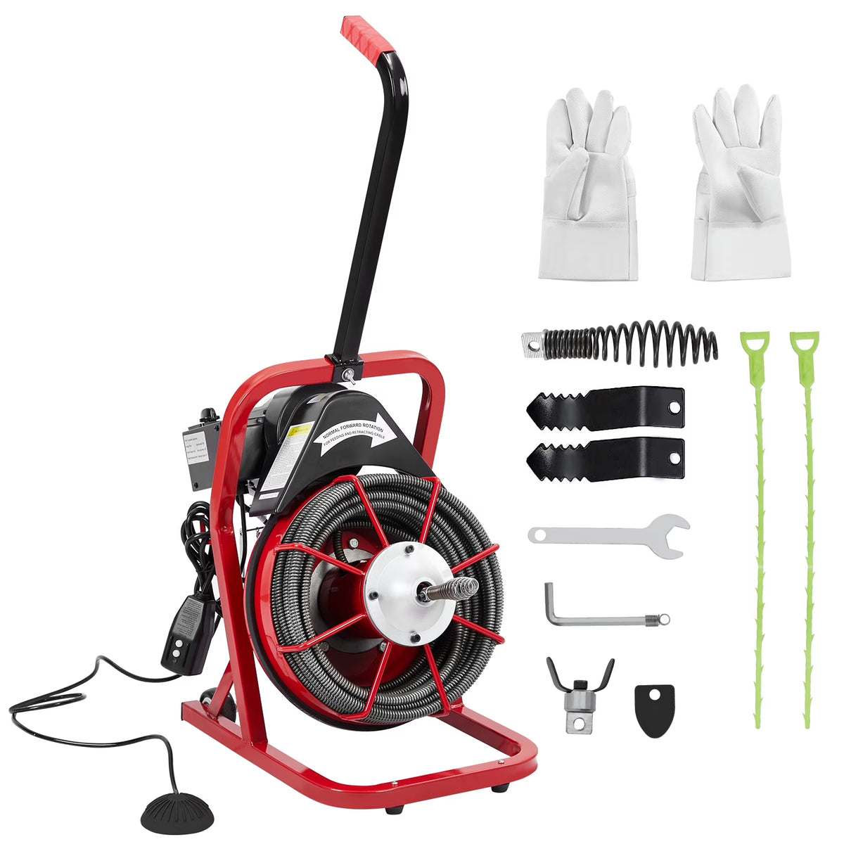 Roromall Drain Cleaner Machine 50FT/75FT/100FT x 3/8-inch/1/2-inch Sewer Auger Electric Drain Auger Sewer Snake with 4 Cutter, Air-Activated Foot Switch, Gloves