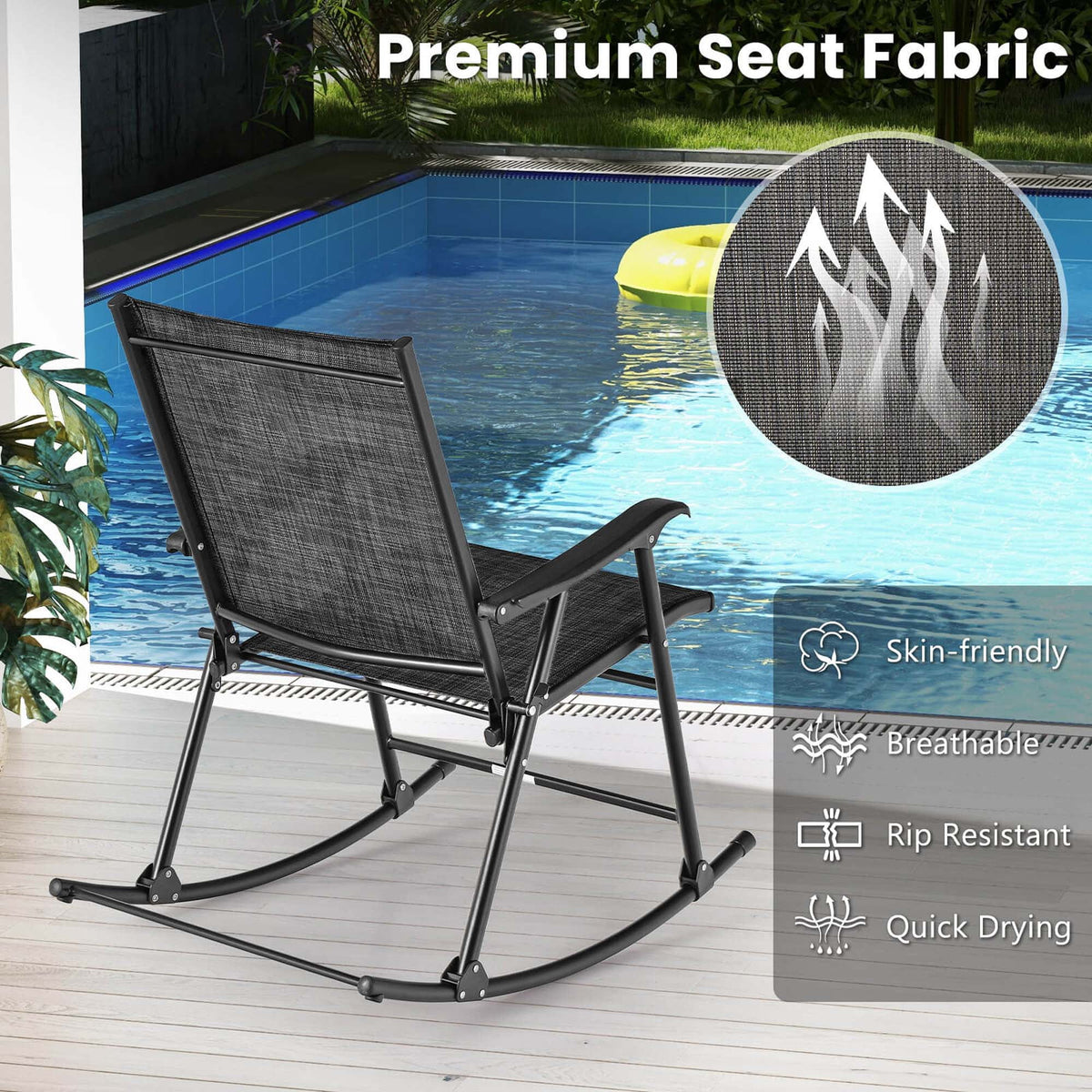 Costway 2pcs Patio Folding Rocking Chair Heavy-Duty Metal Frame Rockers Outdoor Brown