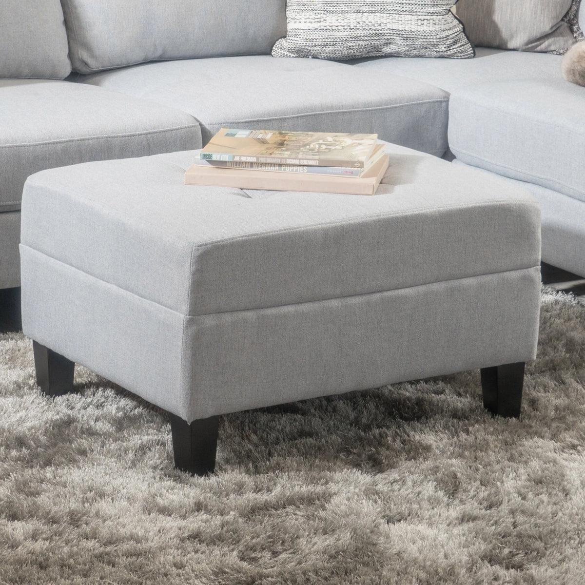 Noble House Aaron Rectangular Tufted Ottoman, Light Grey