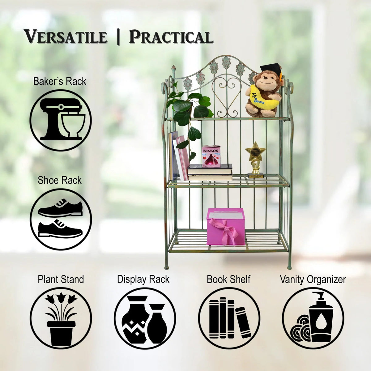 Westcharm 41 inch Tall Pre-Assembled Folding Metal Shelf | Plant Stand | Shelving Unit | Bookcase | Outdoor Baker's Rack with Scrolling Heart & Peacock Tail Motif - Verdigris Green