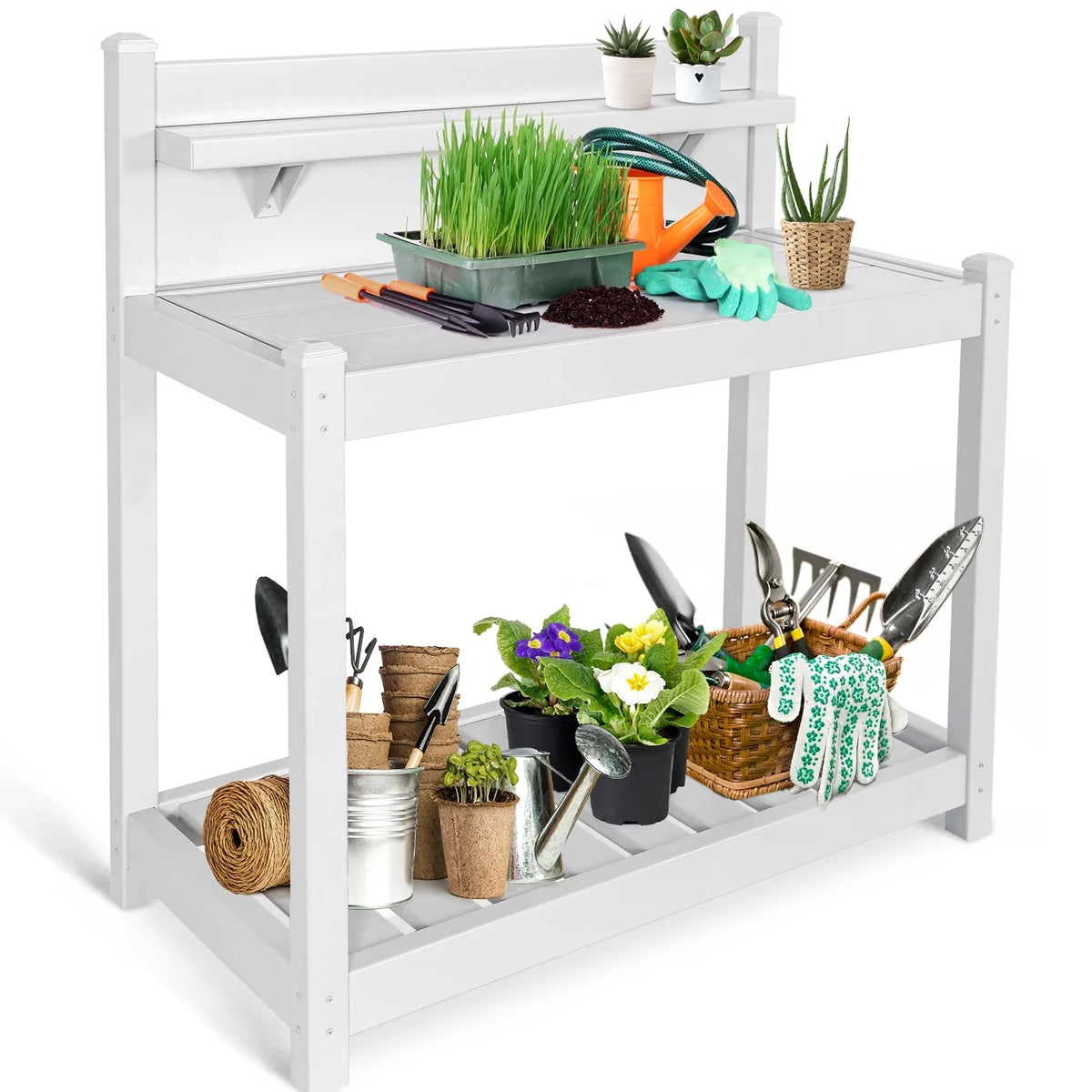 EAGLE PEAK Outdoor Indoor Vinyl Potting Bench Tsble, Gardening Work Station with Open Shelf, Lower Storage, Gray