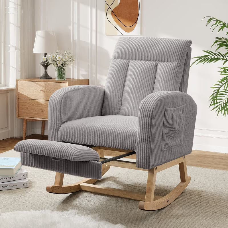 FFH Rocking Chair Nursery, Tufted Accent Rocker Chair, Upholstered Armchair with Adjustable Footrest, Side Pocket, High Backrest, Padded Seat, Polyester Blend (Retro, Dark Gray)