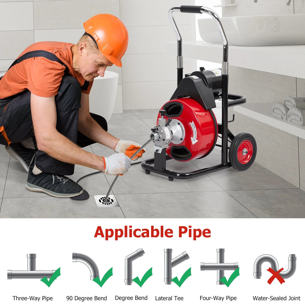 Roromall Drain Cleaner Machine 50FT/75FT/100FT x 3/8-inch/1/2-inch Sewer Auger Electric Drain Auger Sewer Snake with 4 Cutter, Air-Activated Foot Switch, Gloves