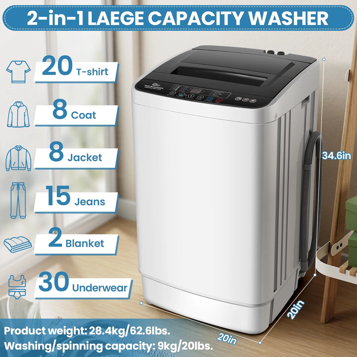 Veeboto 20lbs Fully Automatic Washing Machine, Washer Machine with 10 Wash Programs/8 Water Levels, Portable Washing Machine with LED Display & 1 Adjustable feet, White