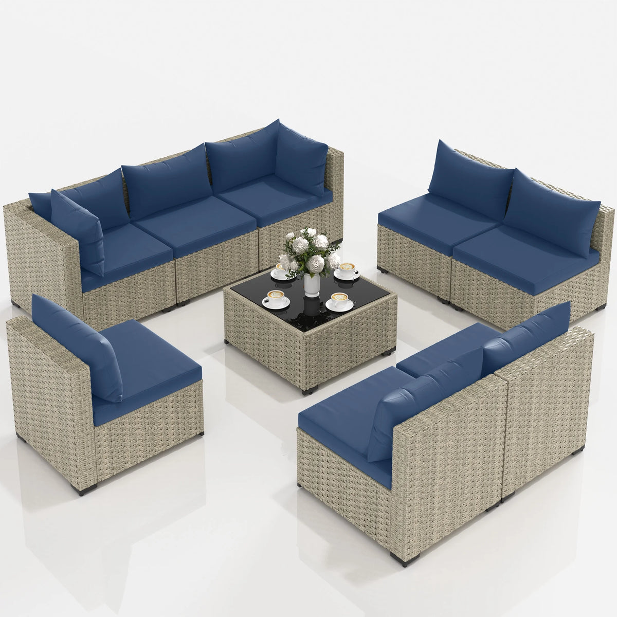 UDPATIO 7 Pieces Outdoor Patio Furniture Set, Outdoor Wicker Patio Conversation Set with Cushions for Backyard, Porch, Garden(Haze Blue)