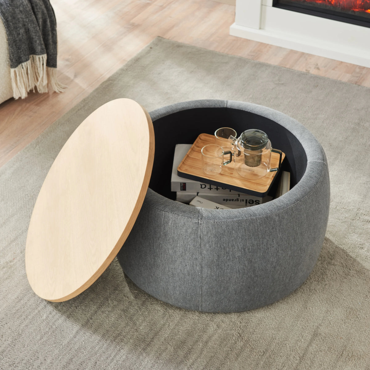 BTMWAYRound Coffee Table, 2 in 1 Round Storage Ottoman with Reversible Lid Tray, Upholstered Round Storage Ottoman Coffee Table with Storage, Footstool End Table for Living Room, Bedroom, Light Gray