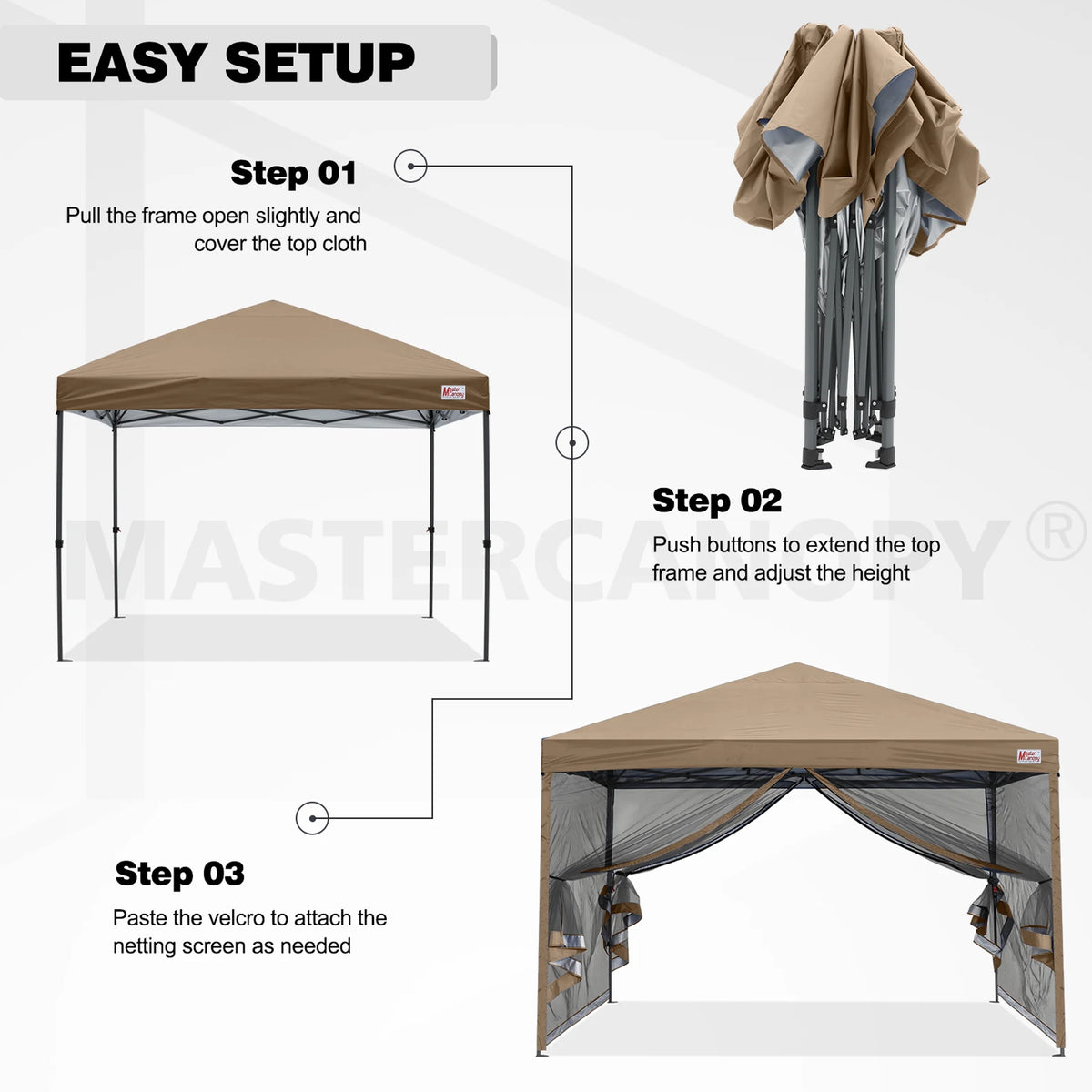 MASTERCANOPY 8' x 8' Pop-up Canopy Tent Outdoor Screen House Shelter with Mesh Walls, White