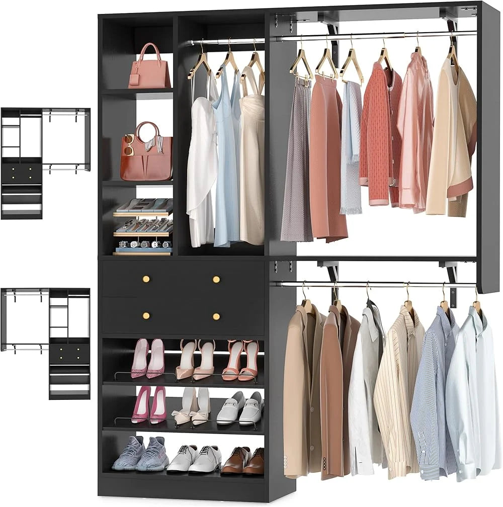 iSunirm 5FT Closet System with Drawers,5FT Closet System with Drawers, 60" Closet Organizer System with 2 Hanging Shelving Perfect Storage Solution for Organizing Your Closet