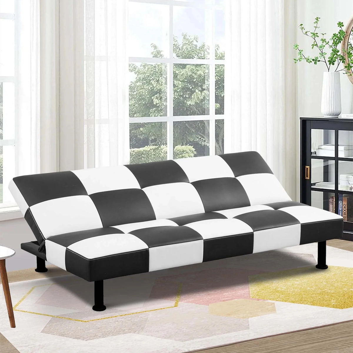 Aukfa Faux Leather Futon Convertible Sofa Bed for Home Office Twin Size, Black&White