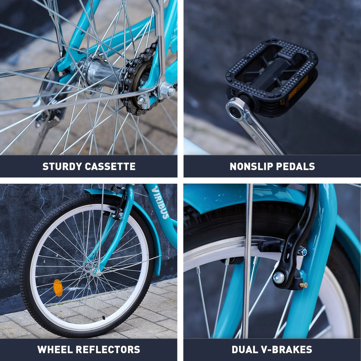 Viribus 24 Inch City Cruiser Bicycle with Carbon Steel Frame Dual V Brakes Basket Teal (Defective)