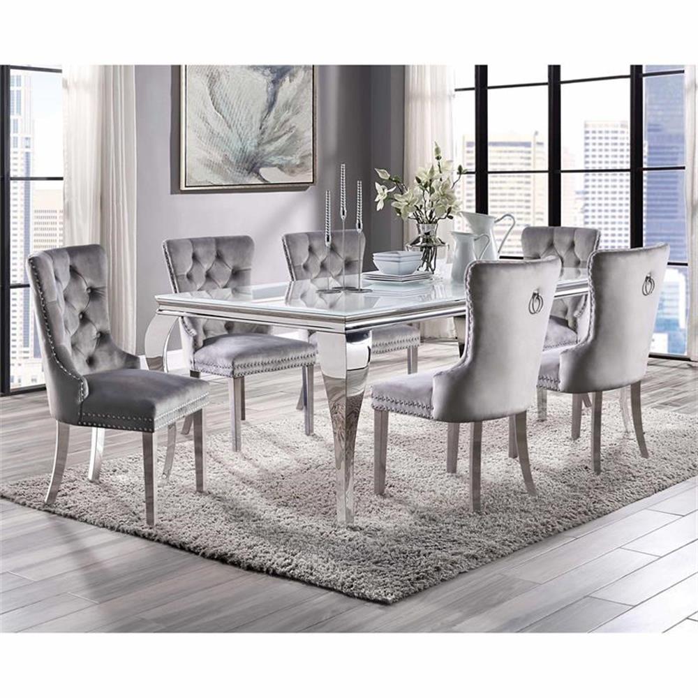 Furniture of America Edi Metal 7-Piece Dining Table Set in White and Blue
