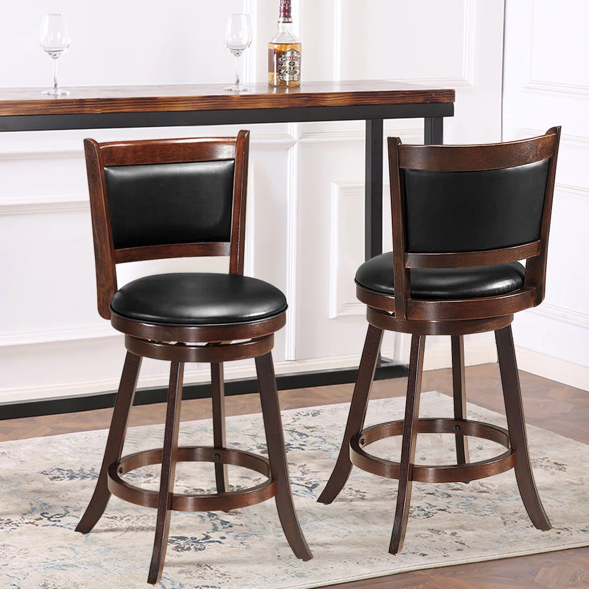 Costway Set of 2 24'' Swivel Counter Stool Wooden Dining Chair Upholstered Seat Espresso Panel back
