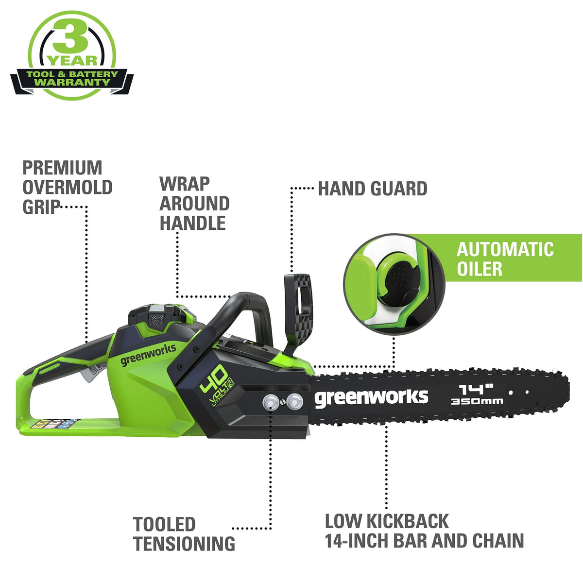 Greenworks 40V 14-inch Brushless Chainsaw with 2.5 Ah Battery and Charger, 2012802
