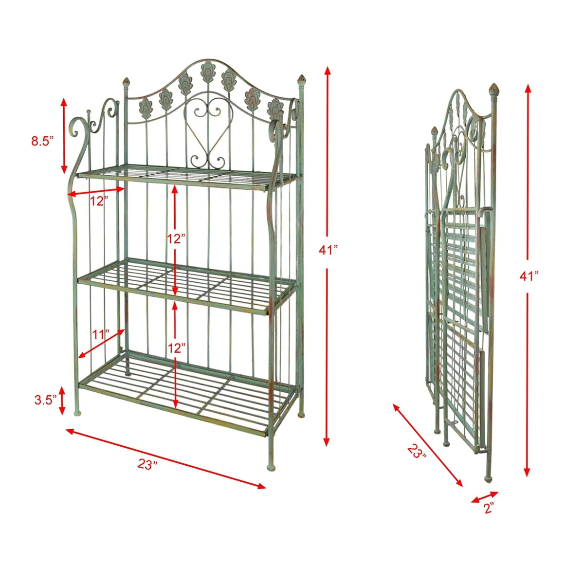 Westcharm 41 inch Tall Pre-Assembled Folding Metal Shelf | Plant Stand | Shelving Unit | Bookcase | Outdoor Baker's Rack with Scrolling Heart & Peacock Tail Motif - Verdigris Green