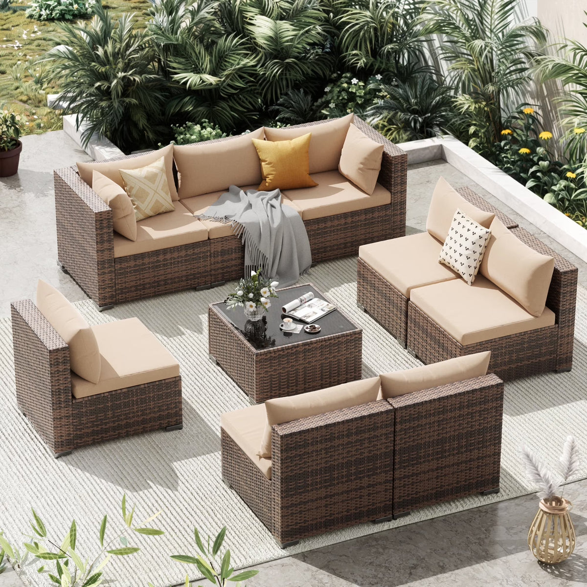 Techmilly Patio Furniture Sets, Modular Rattan Outdoor Patio Sectional Furniture Sofa Set, Wicker Patio Conversation Set for Backyard,7PCS