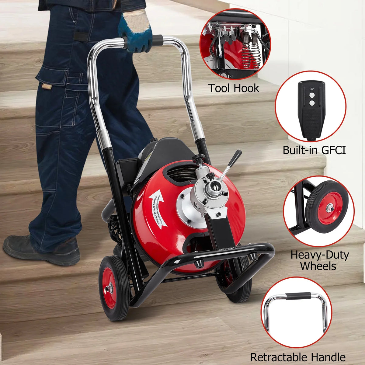 Roromall Drain Cleaner Machine 50FT/75FT/100FT x 3/8-inch/1/2-inch Sewer Auger Electric Drain Auger Sewer Snake with 4 Cutter, Air-Activated Foot Switch, Gloves