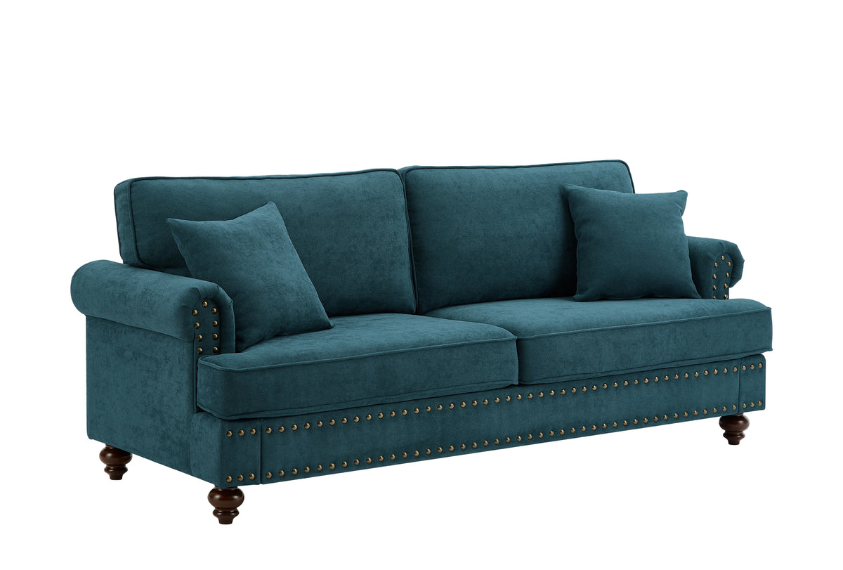 Modern Chenille Upholstered Sofa Couch with Nailhead Trim Rolled Arms Pillows