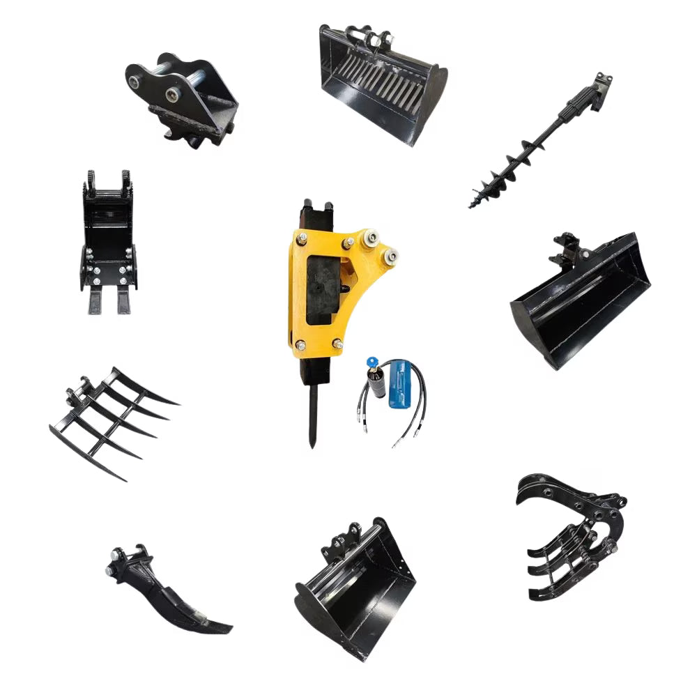 TYPHON 10-in-1 Mini Excavator Attachment Bundle C Quick Coupler, Buckets, Rake, Ripper, Auger, Grapple, Tilt Bucket & Hydraulic Hammer C Fits 0.6C2 Ton Excavators, Heavy-Duty Tools Kit