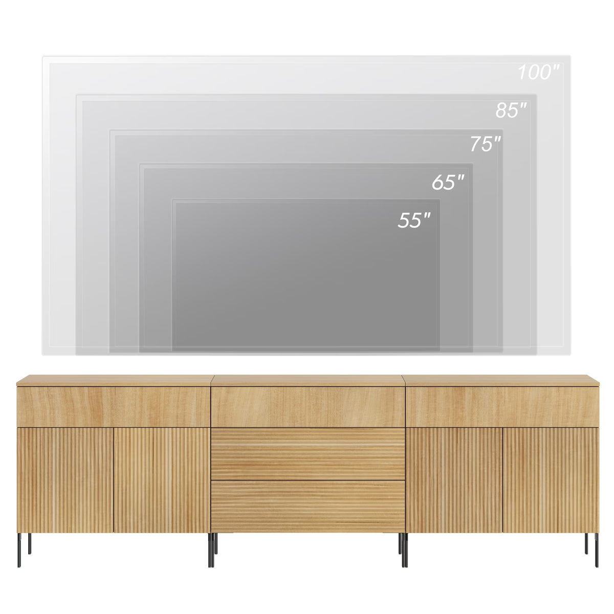 94.5 Reeded Accent Cabinet Set with Doors and Drawers, Modern Credenza Storage Cabinet with Metal Legs for Living Room, Kitchen, Dining Room, Hallway