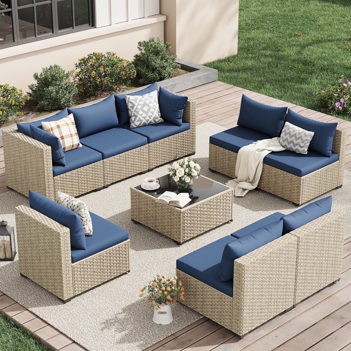 UDPATIO 7 Pieces Outdoor Patio Furniture Set, Outdoor Wicker Patio Conversation Set with Cushions for Backyard, Porch, Garden(Haze Blue)