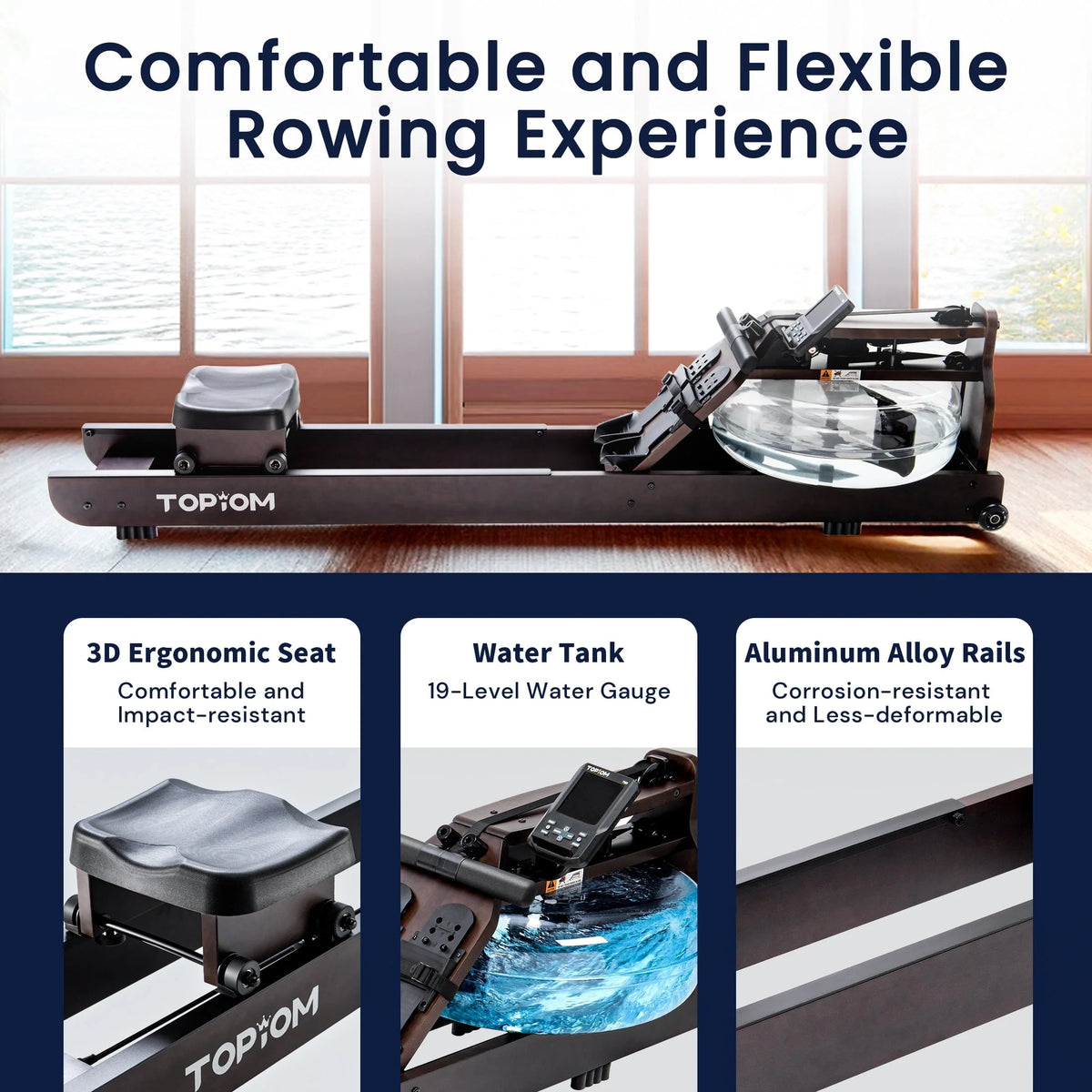 Topiom Water Rowing Machine with TM-3 Performance Monitor Bluetooth Connected 400 lbs Max Load