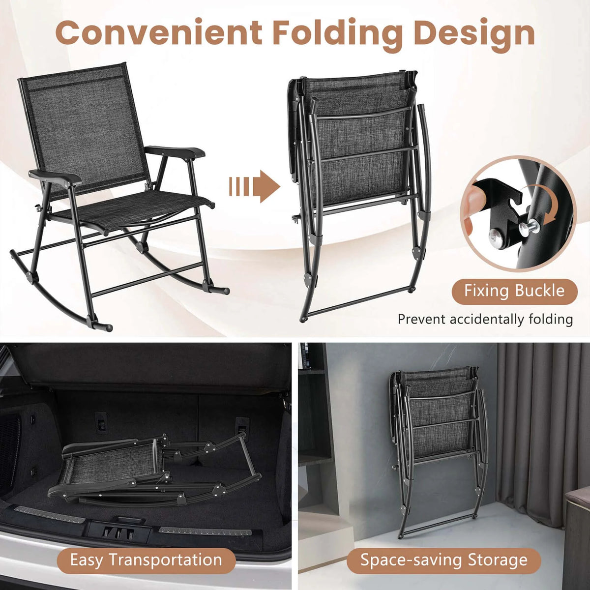 Costway 2pcs Patio Folding Rocking Chair Heavy-Duty Metal Frame Rockers Outdoor Brown