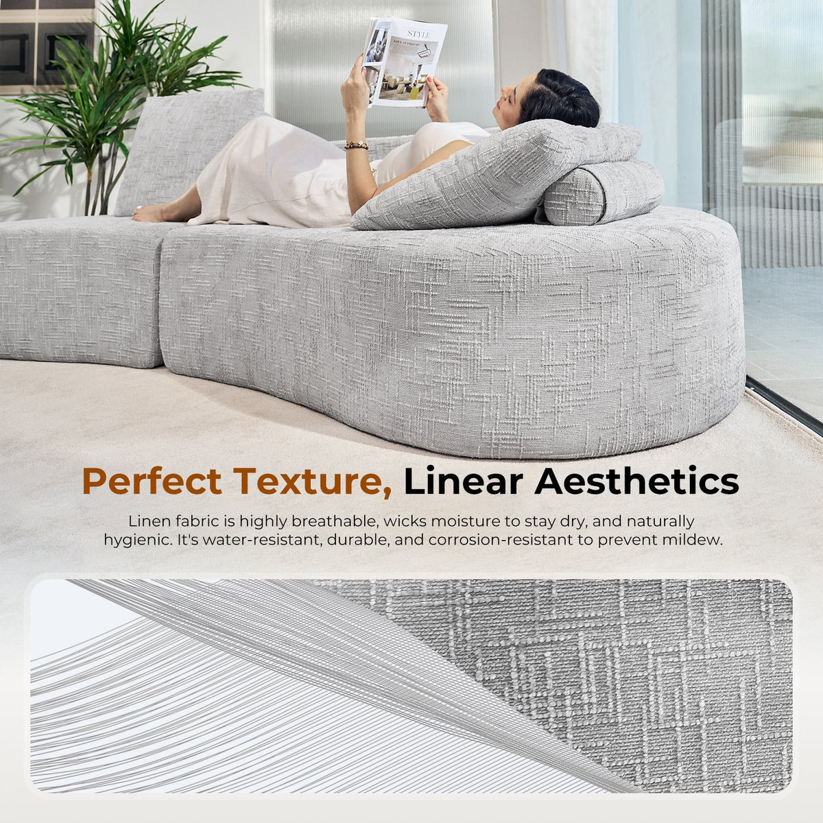 98" Half Moon Sofa Oversized Curved Couch, 38 Inch Extra Deep Seating Upholstered Sofa for Living Room, Office & Apartment, Premium Linen Upholstery, No Assembly Required.