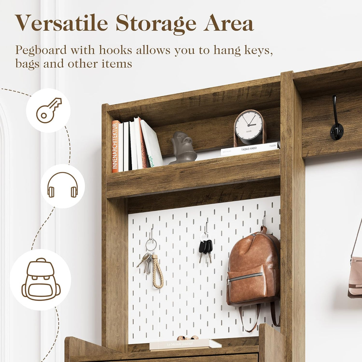 Royalcraft 5-in-1 Shoe Cabinet with Flip Drawer, Entryway Shoe Storage with Pegboard, Adjustable Shelf, Wood Entryway Cabinet, Brown