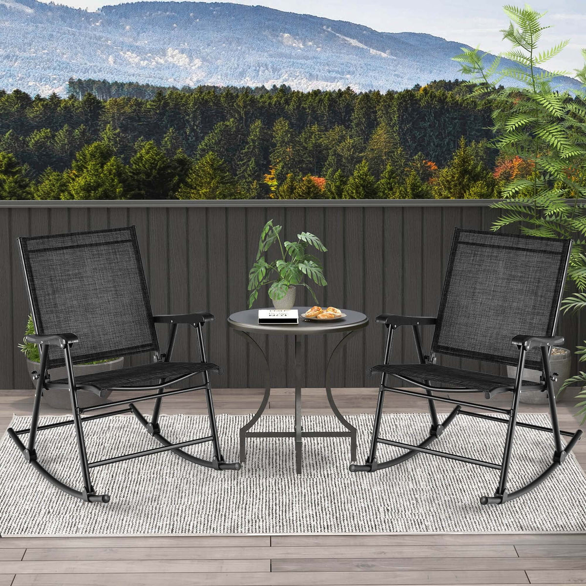 Costway 2pcs Patio Folding Rocking Chair Heavy-Duty Metal Frame Rockers Outdoor Brown