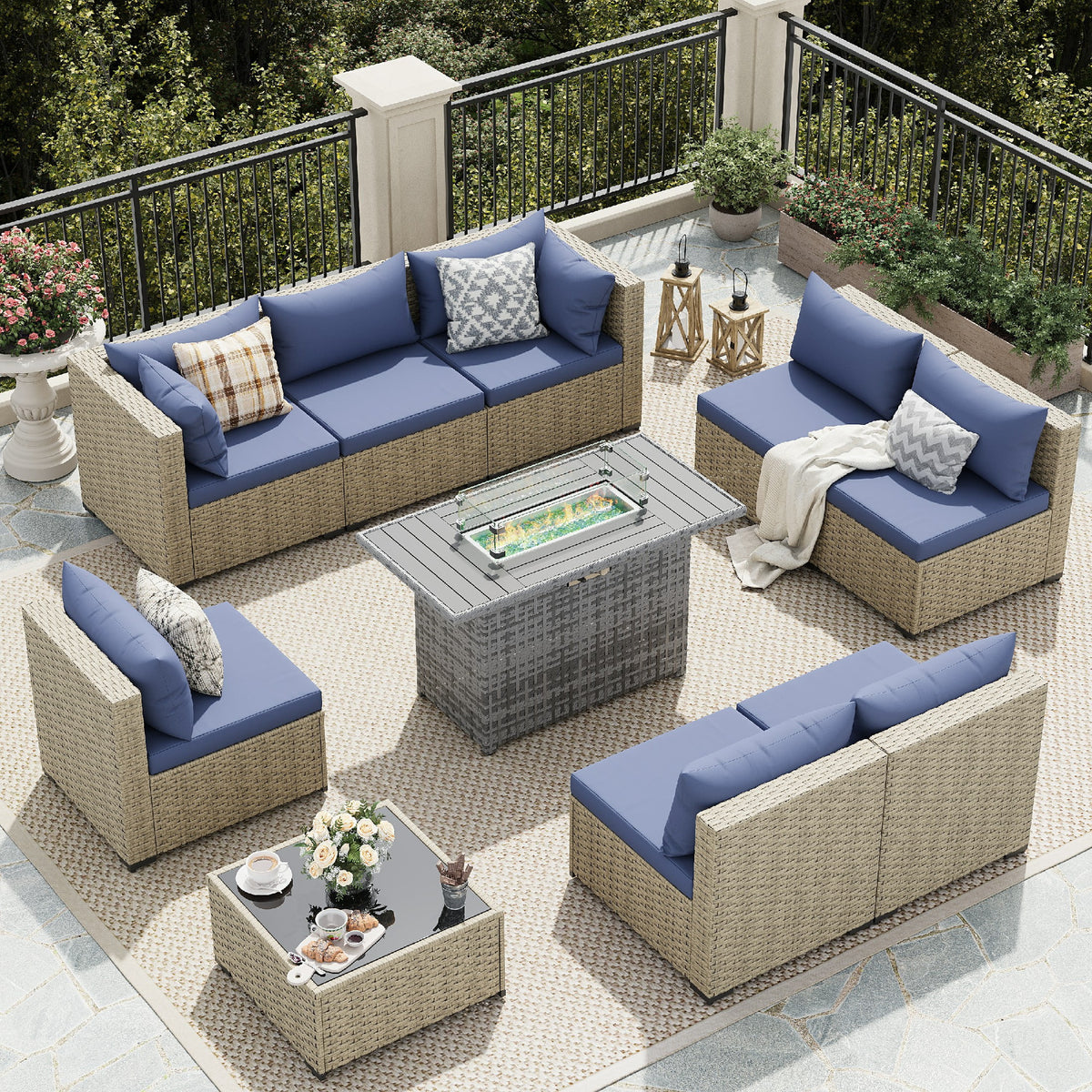 UDPATIO 7 Pieces Outdoor Patio Furniture Set, Outdoor Wicker Patio Conversation Set with Cushions for Backyard, Porch, Garden(Haze Blue)