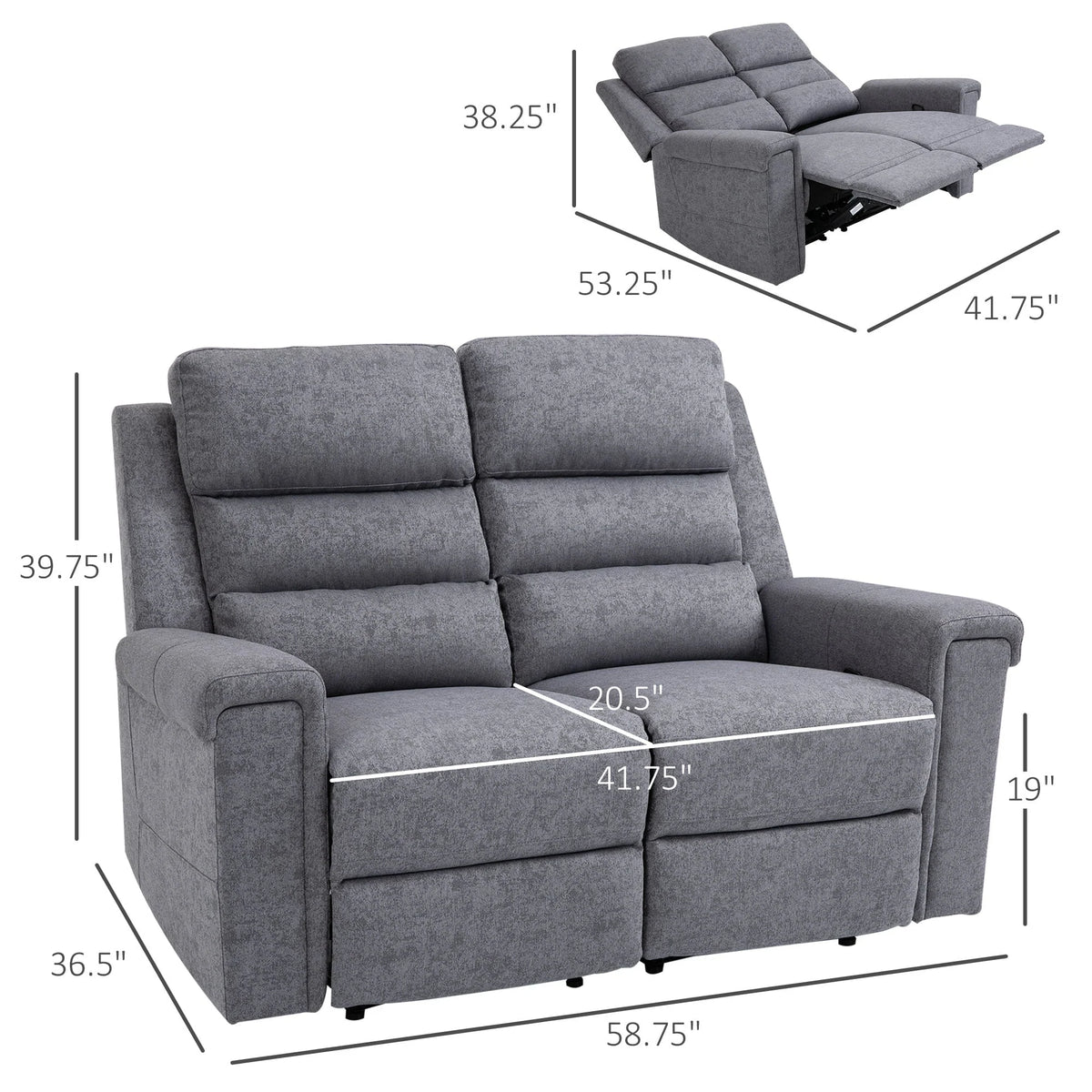 HOMCOM Modern 2 Seater Manual Reclining Sofa Loveseat Couch with Linen Fabric and Thick Sponge Padding for Living Room, Grey