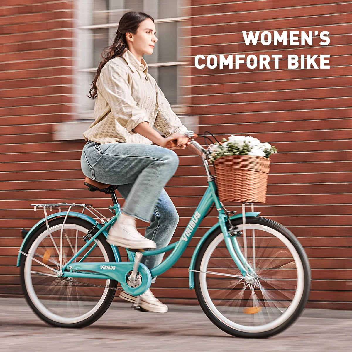 Viribus 24 Inch City Cruiser Bicycle with Carbon Steel Frame Dual V Brakes Basket Teal (Defective)