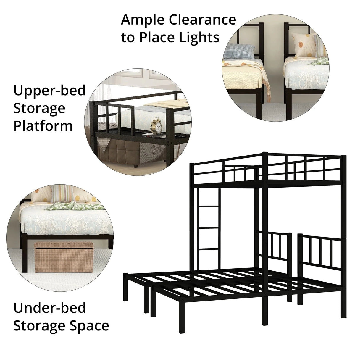 Triple Bunk Bed for 3, Twin over Twin & Twin Bunk Bed with Ladder and Shelf, Can be divided into 3 Beds, Metal Bunk Bed Frame with Safety Rail & Slats Support, No Box Spring Needed, Black