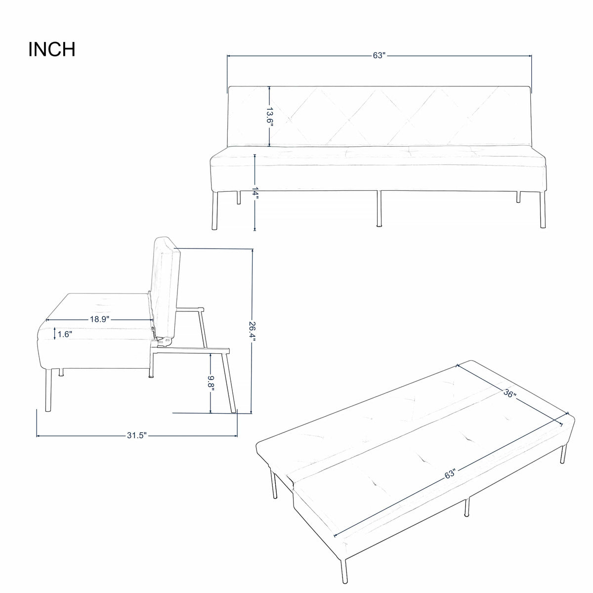 BSHTI 63Futon Sofa Bed,Upholstered with Polyester Fabric Convertible Sofa Couch for Living Room,Office(Black)