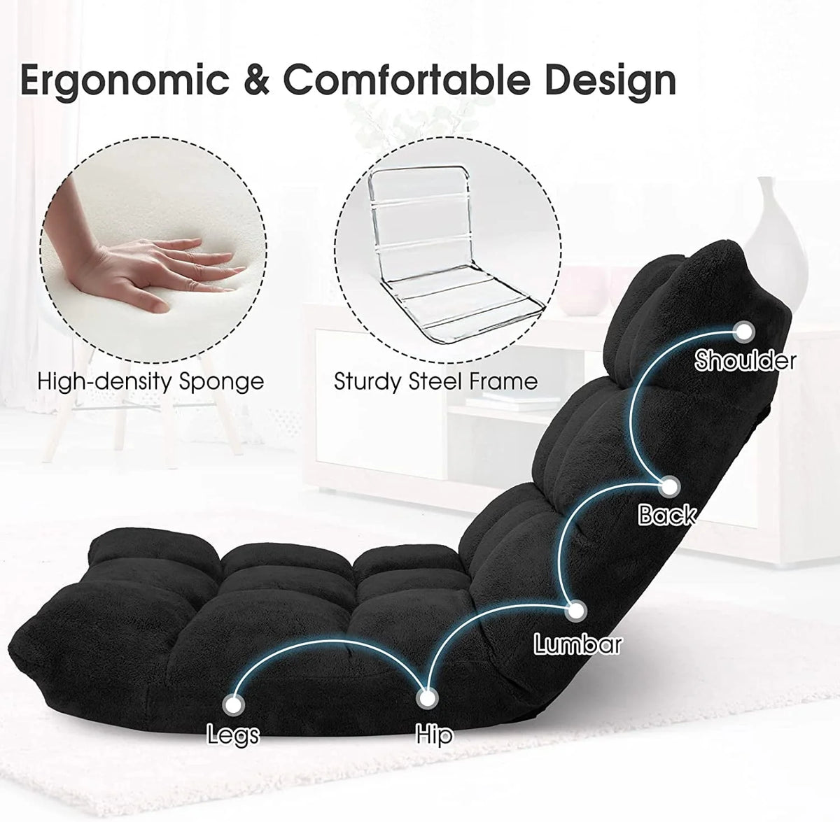 Floor Chair with Back Support, Folding Sofa Chair with 14 Adjustable Position, Padded Sleeper Bed, Couch Recliner, Floor Gaming Chair, Meditation Chair, Gaming Floor Chairs for Adults(Black)