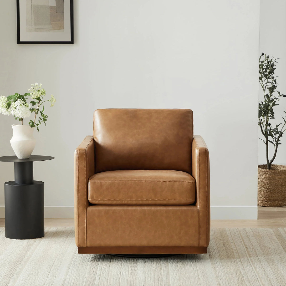 CHITA Swivel Accent Chairs for Living Room, Comfortable Arm Chairs for Bedroom, Faux Leather in Saddle Brown