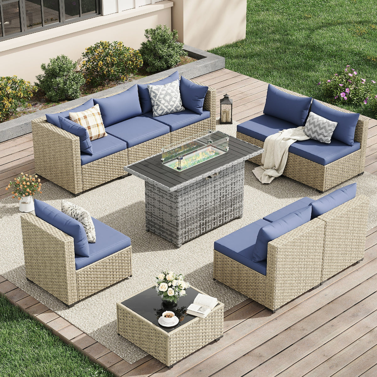 UDPATIO 7 Pieces Outdoor Patio Furniture Set, Outdoor Wicker Patio Conversation Set with Cushions for Backyard, Porch, Garden(Haze Blue)