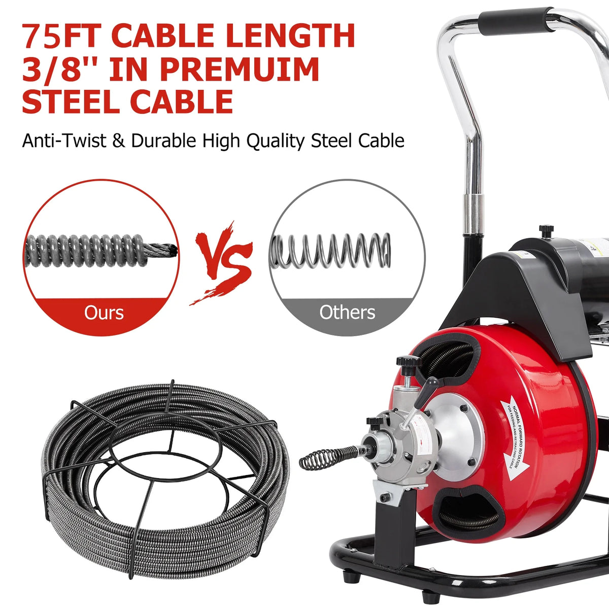 Roromall Drain Cleaner Machine 50FT/75FT/100FT x 3/8-inch/1/2-inch Sewer Auger Electric Drain Auger Sewer Snake with 4 Cutter, Air-Activated Foot Switch, Gloves