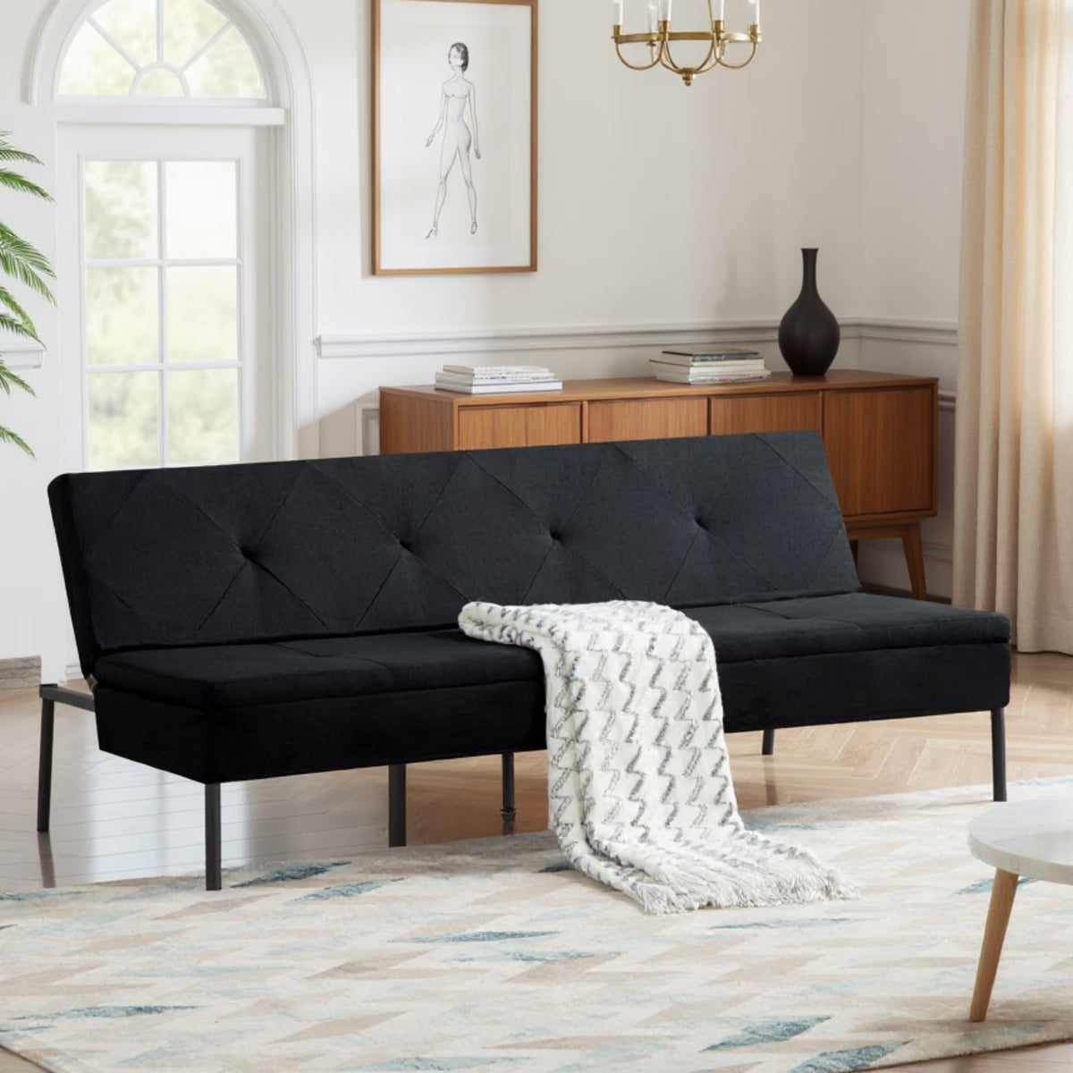 BSHTI 63Futon Sofa Bed,Upholstered with Polyester Fabric Convertible Sofa Couch for Living Room,Office(Black)