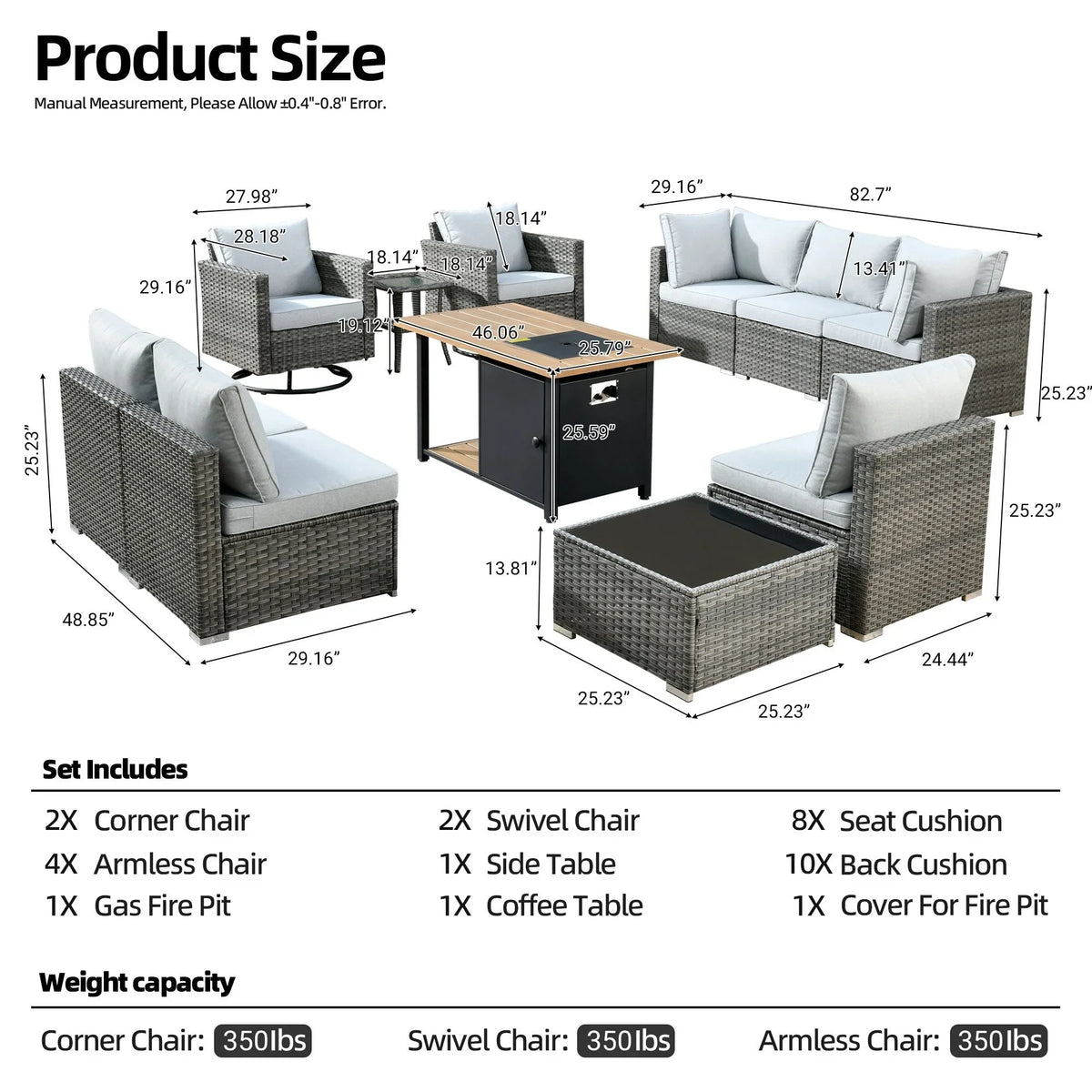 Vcatnet 11 Pieces Outdoor Patio Furniture Sets with Fire Pit Sectional Sofa All Weather Wicker Conversation Set with Swivel Glider Chairs, Black