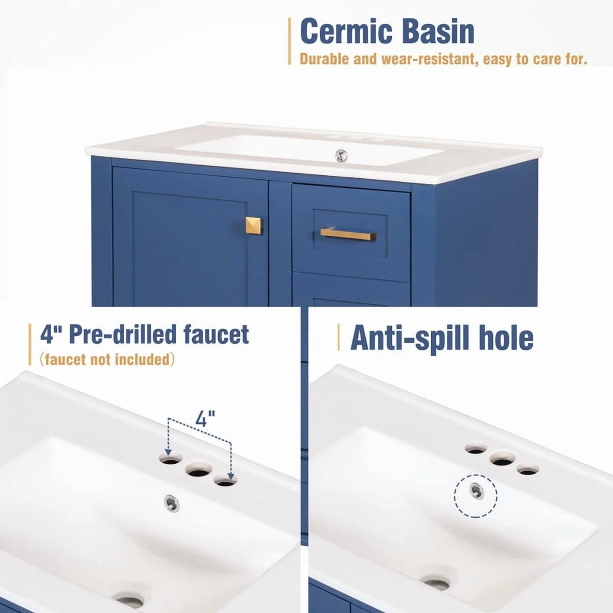 Bellemave 30" Bathroom Vanity with Sink, Cabinet with Sink Combo Set with Top, Bathroom Storage Cabinet with 3 Drawers and 1 Soft Closing Door, 30 Inch Vanity with Sink for Bathroom（White）