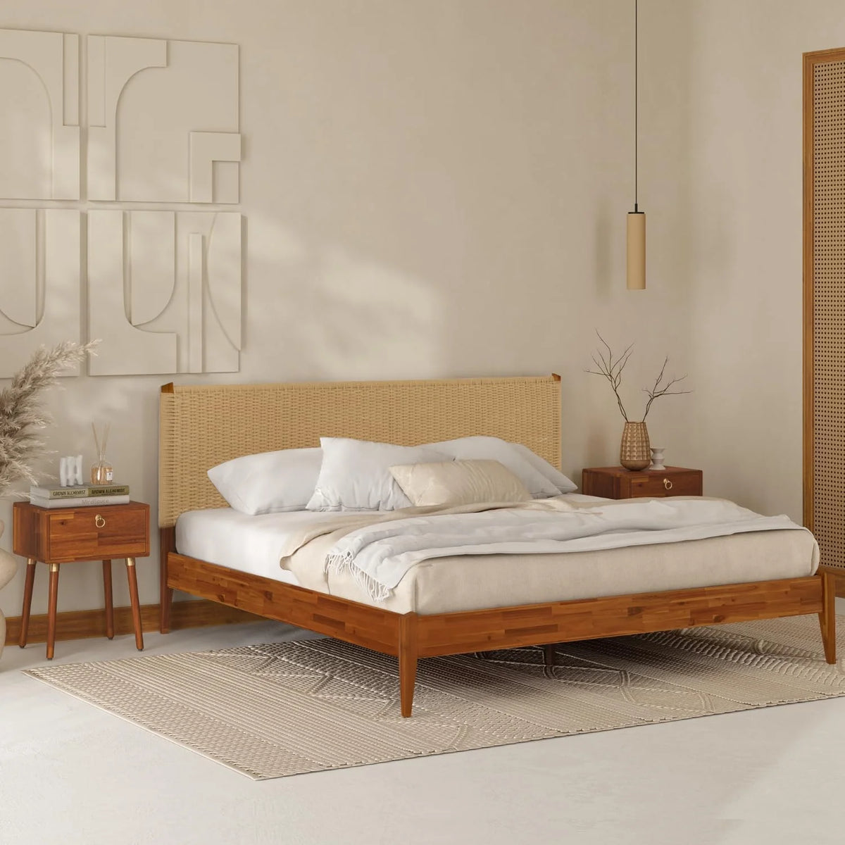 Selina Wood Platform Bed Frame - Handcrafted Paper Cord Unique Headboard - No Box Spring Needed - 12 Strong Wood Slats Support - Easy Assembly - King, Caramel