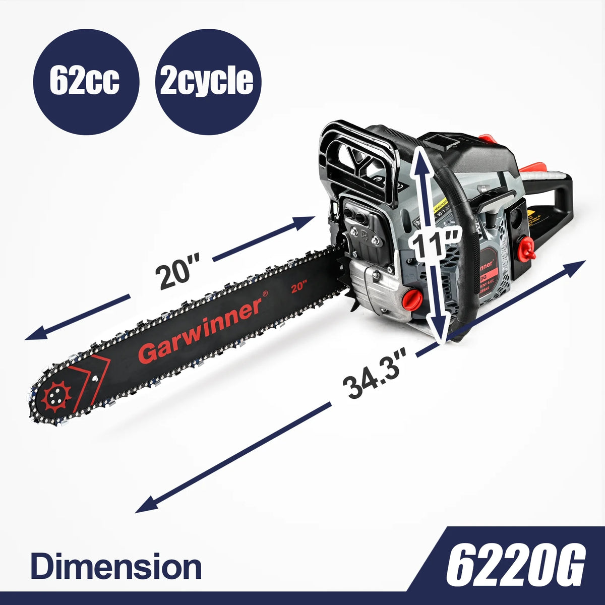 Garwinner Gas Chainsaw 20'' 2-Stroke 62CC Cordless Chainsaw 6220G for Farm, Garden, Ranch, Cutting Wood/Firewood