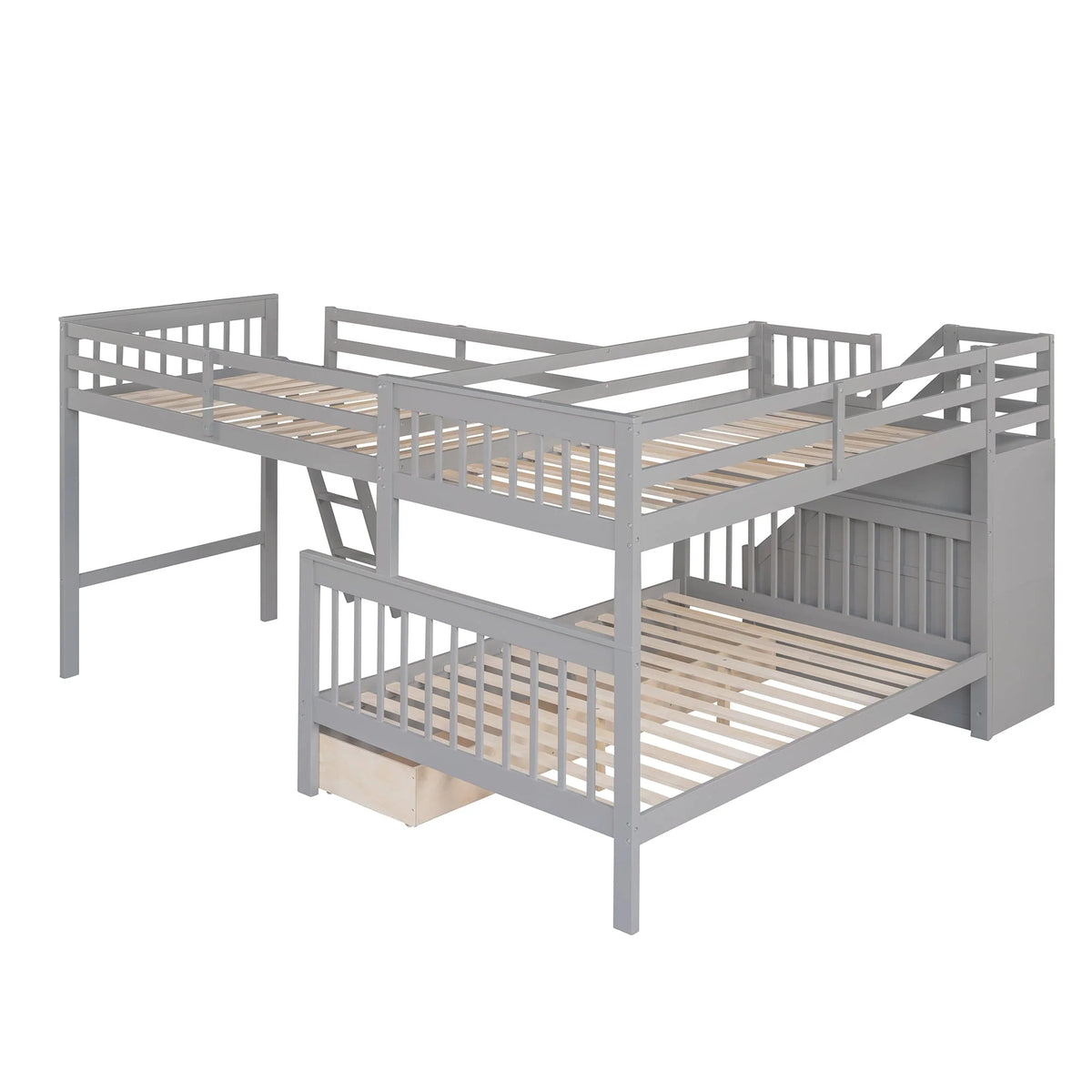 L-Shaped Triple Bunk Bed for 3, Twin Over Full Bunk Bed with 3 Drawers and Storage Staircase Solid Wood Bunk Bed Frame with Full-Length Guardrails and Ladder for Girls Boys No Box Spring Needed, Gray