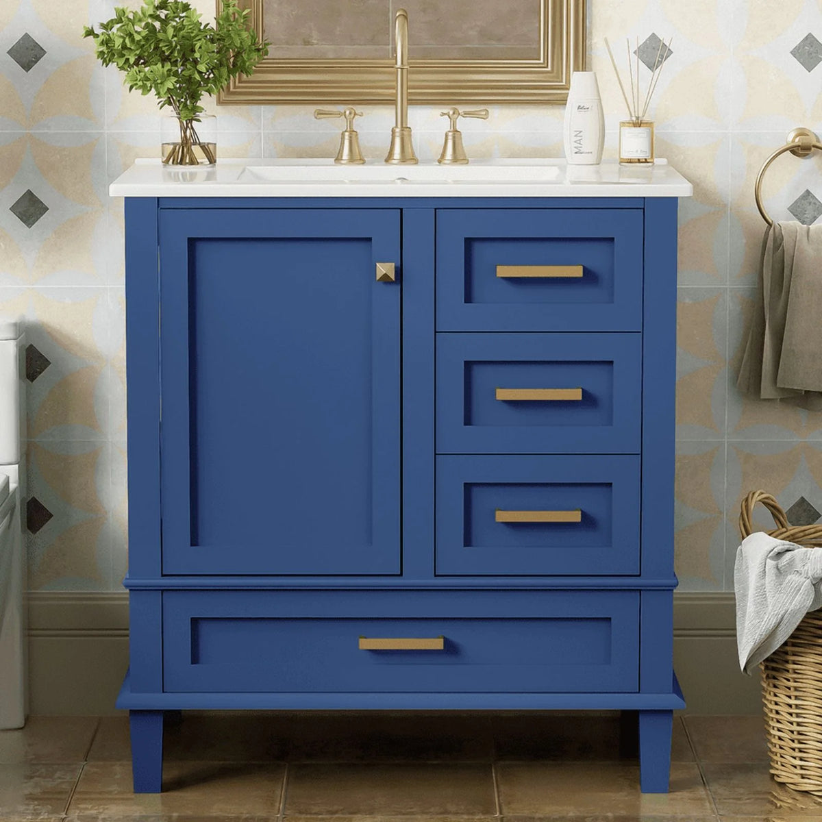 Bellemave 30" Bathroom Vanity with Sink, Cabinet with Sink Combo Set with Top, Bathroom Storage Cabinet with 3 Drawers and 1 Soft Closing Door, 30 Inch Vanity with Sink for Bathroom（White）