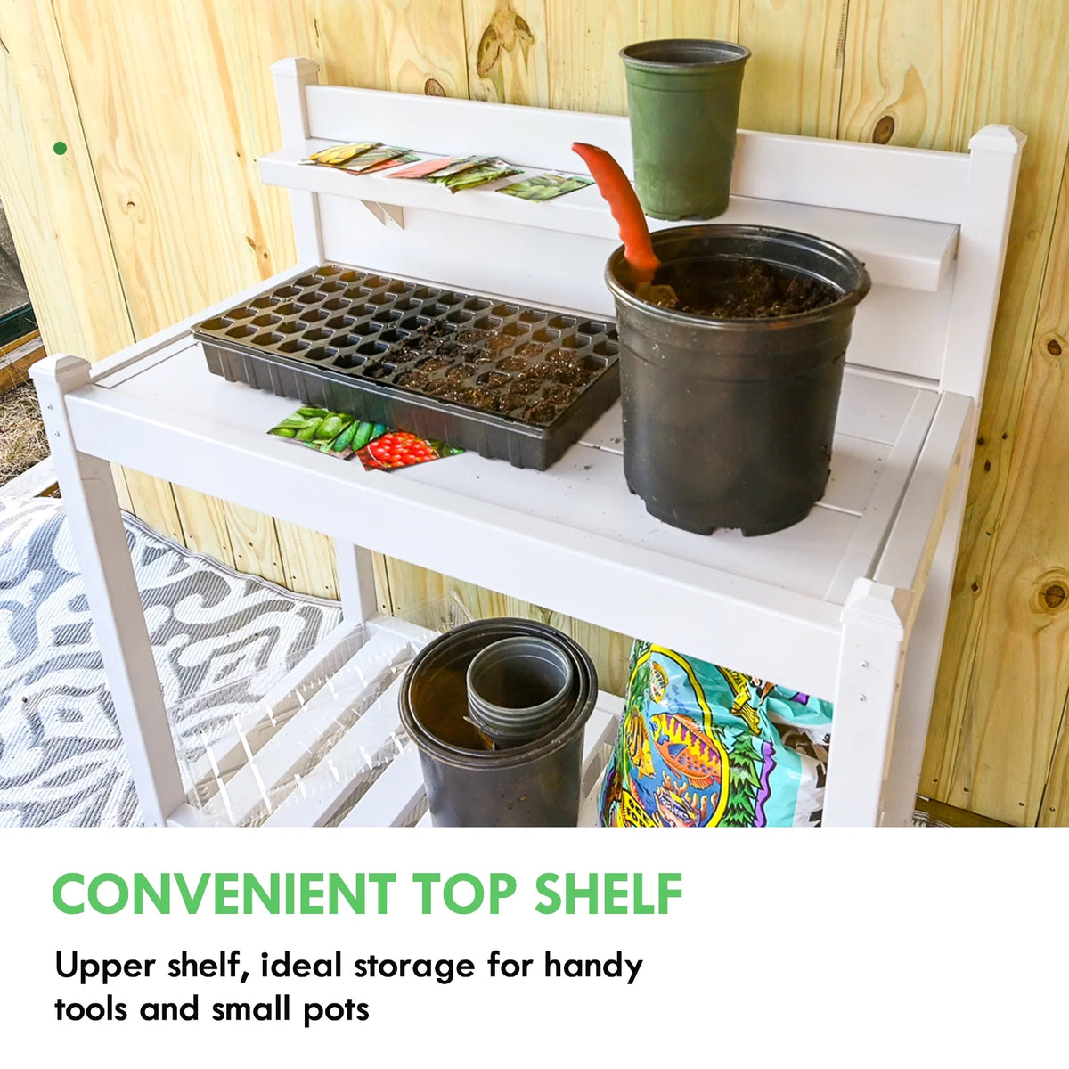 EAGLE PEAK Outdoor Indoor Vinyl Potting Bench Tsble, Gardening Work Station with Open Shelf, Lower Storage, Gray