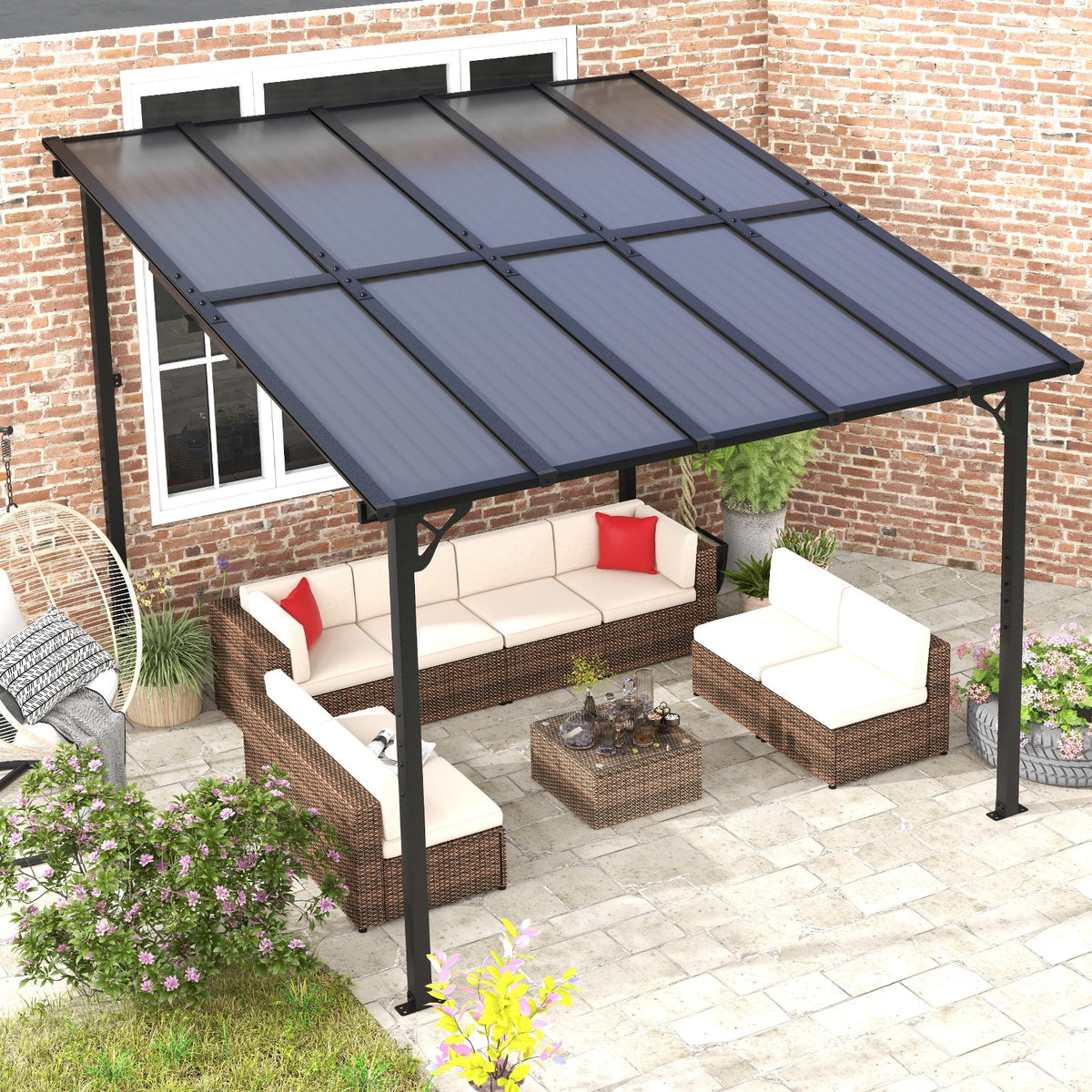 JolyDale 10x 10 Hardtop Gazebo, Outdoor Wall-mounted Pergola for Garden, Patio, Backyard, Gray