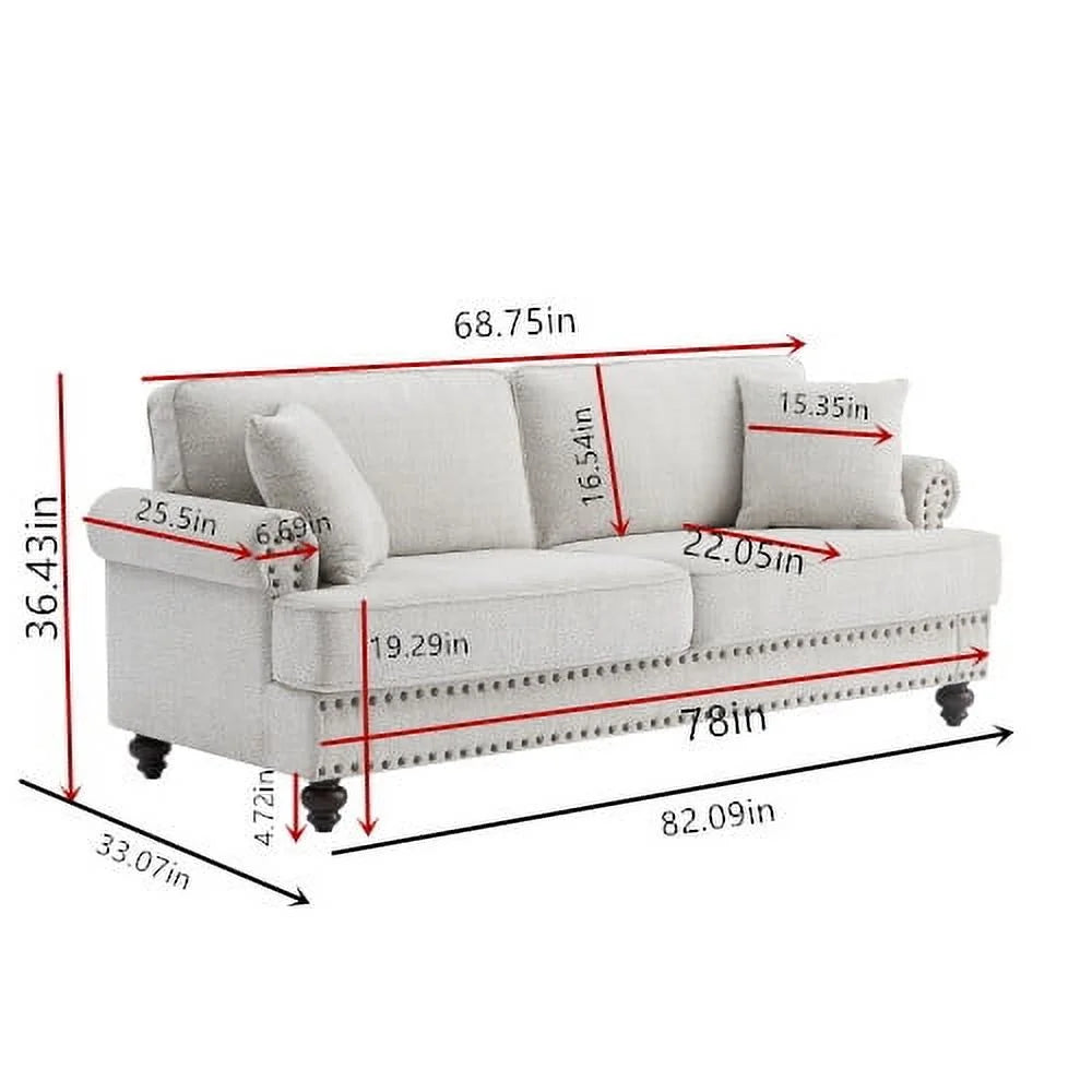 Modern Chenille Upholstered Sofa Couch with Nailhead Trim Rolled Arms Pillows