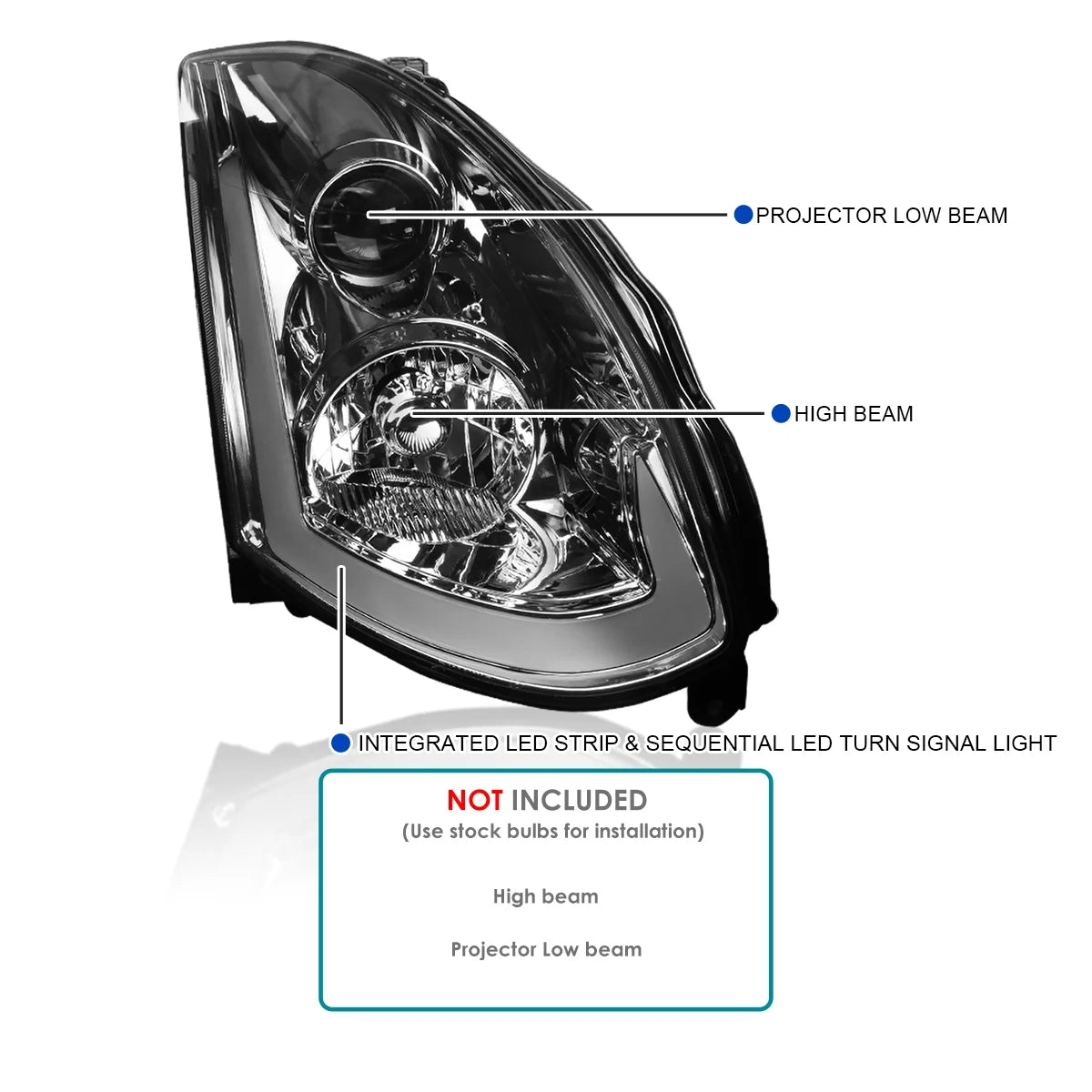 Spec-D Tuning Smoke Projector Headlights w/ Sequential LED Strip Compatible with 2003-2007 Infiniti G35 Coupe, Left + Right Pair Headlamps Assembly
